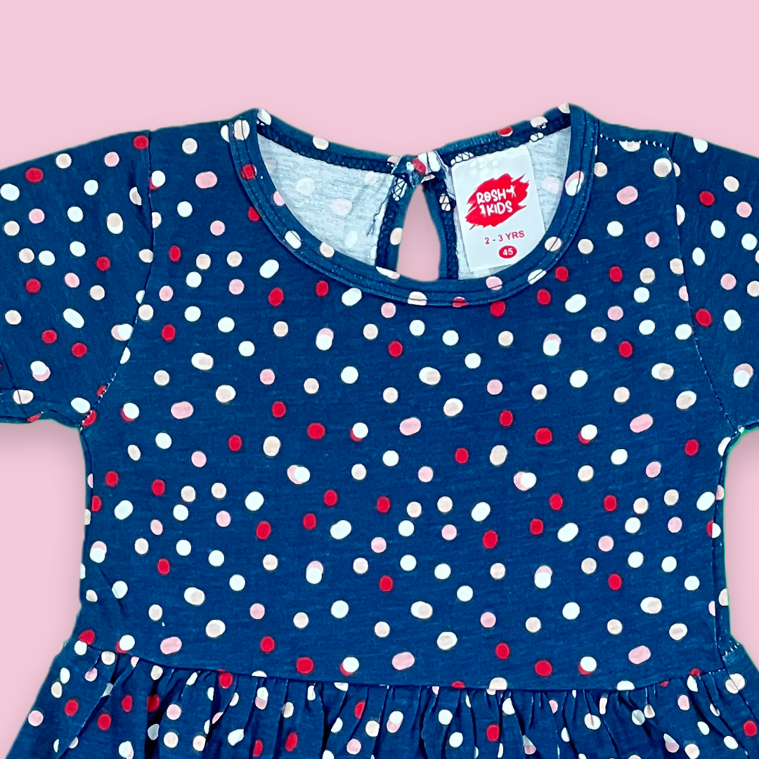 Dot Printed Dark Blue Girls Frok