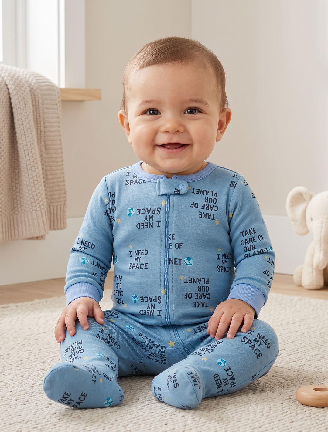 Blue printed zippepr sleepsuit