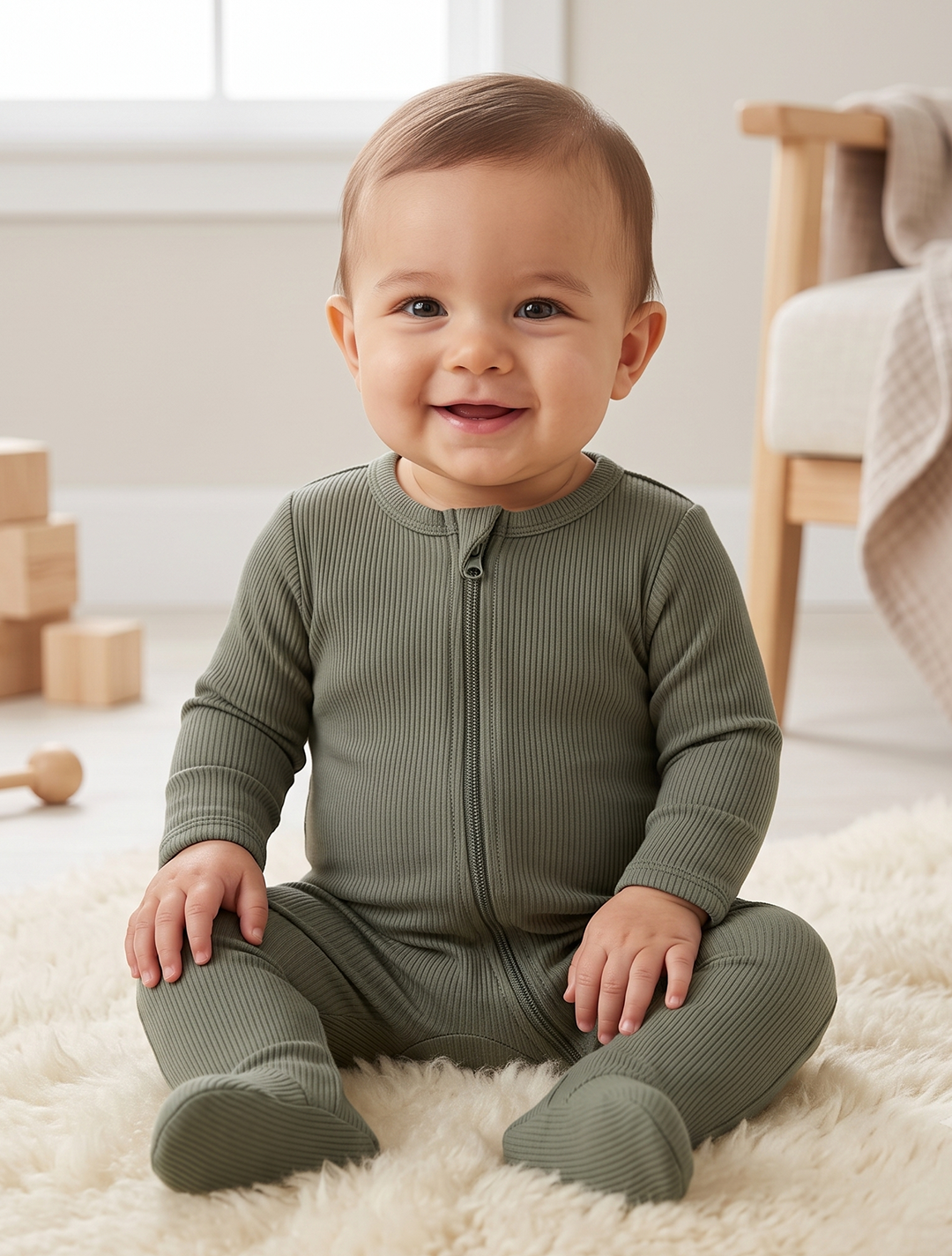 Olive green ribbed zipper sleepsuit