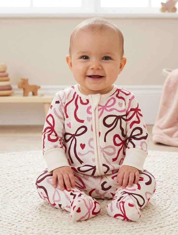 Red and pink ribbed bow printed sleep suit