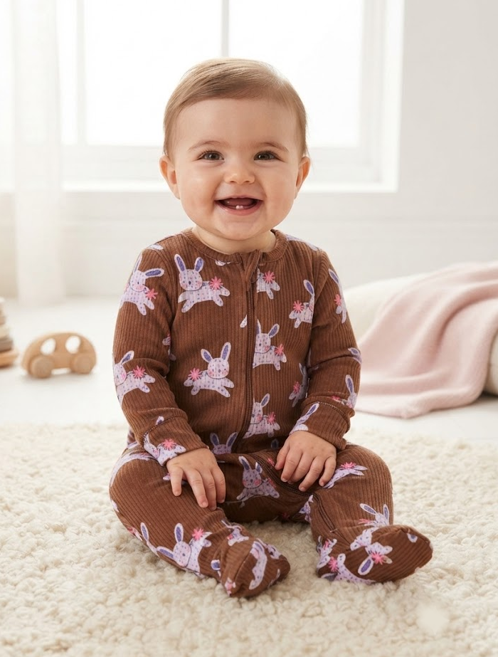 Brown ribbed zipper sleepsuit
