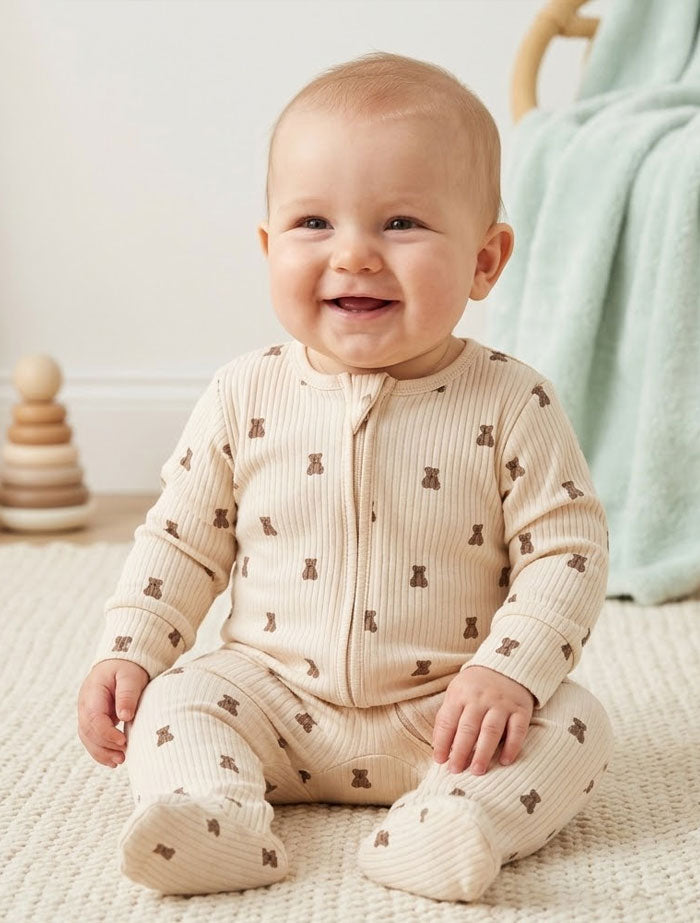 Beige ribbed brown bear ribbed sleepsuit
