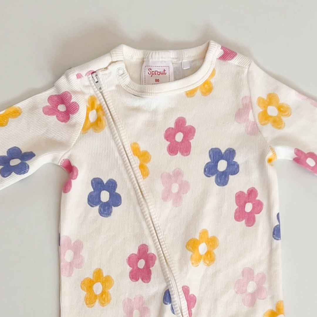 FLORAL ZIPPER RIBBED SLIM FIT ROMPER