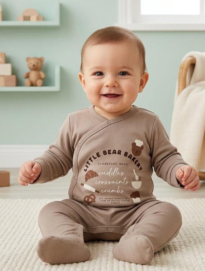 Light brown bakery wrap over sleep suit