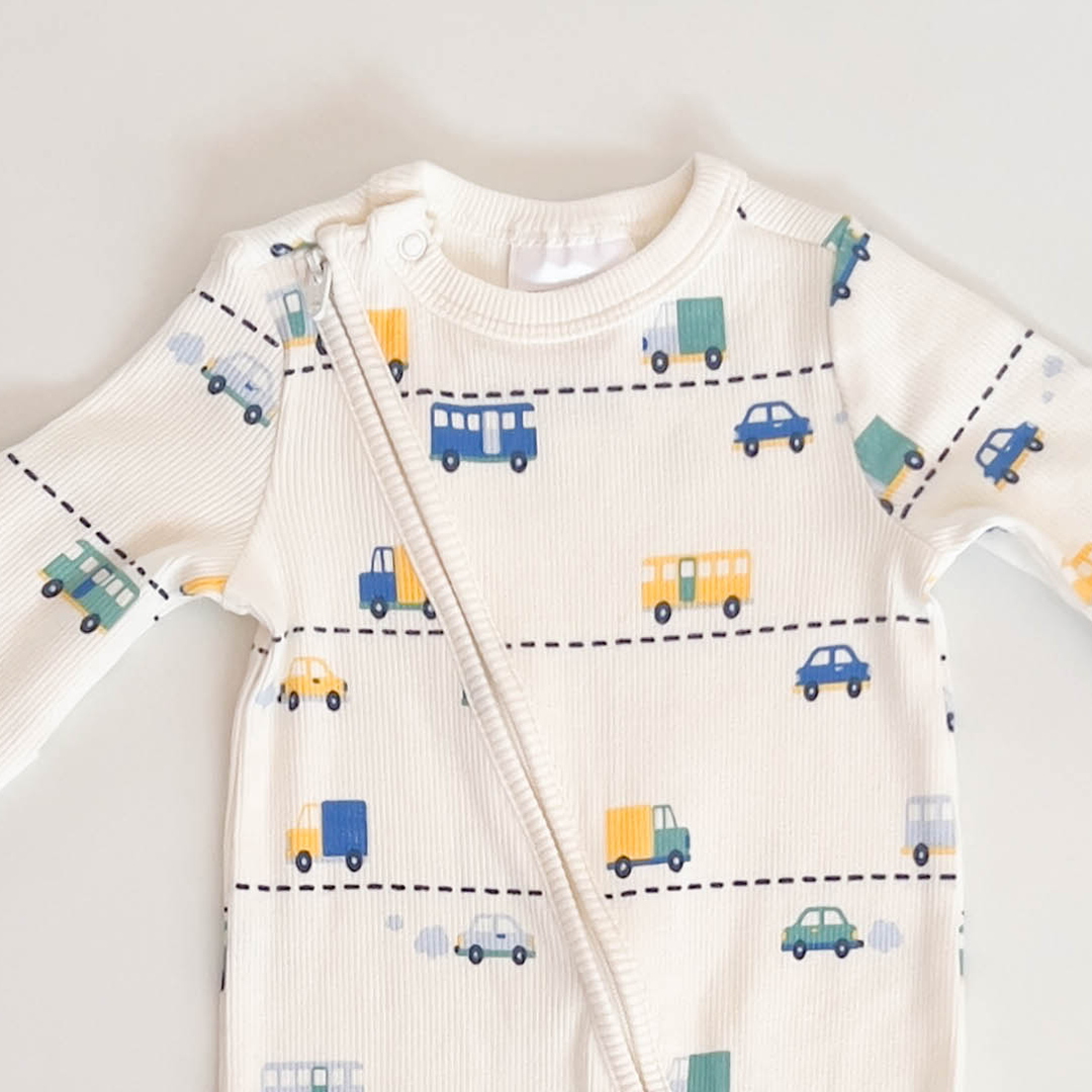 WHITE CAR PRINTED RIBBED ROMPER