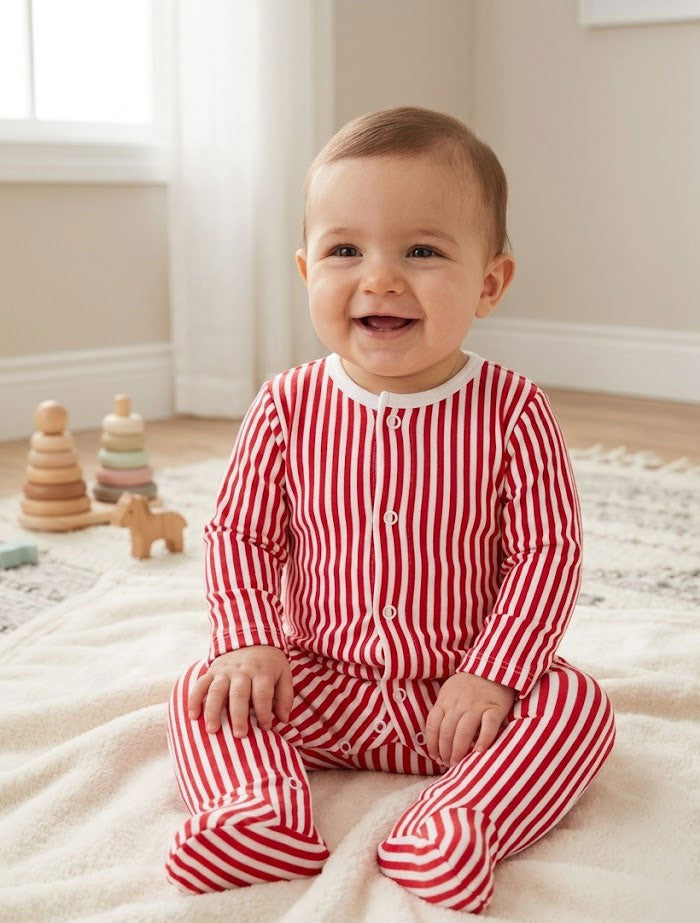 Red and white stripes button sleepsuit