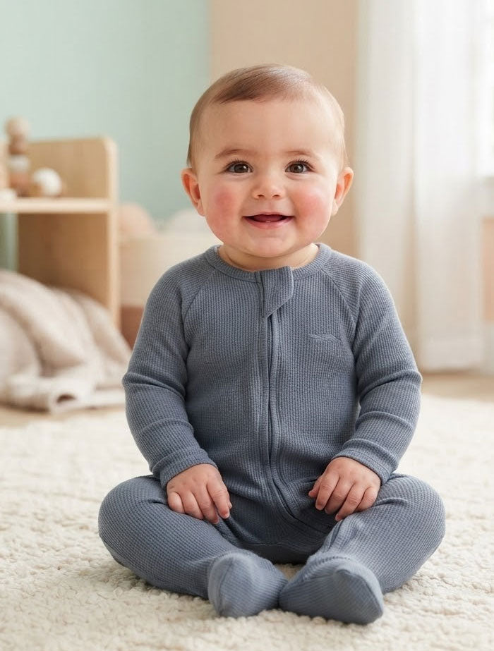 Blue knitted 2 way zipper sleepsuit