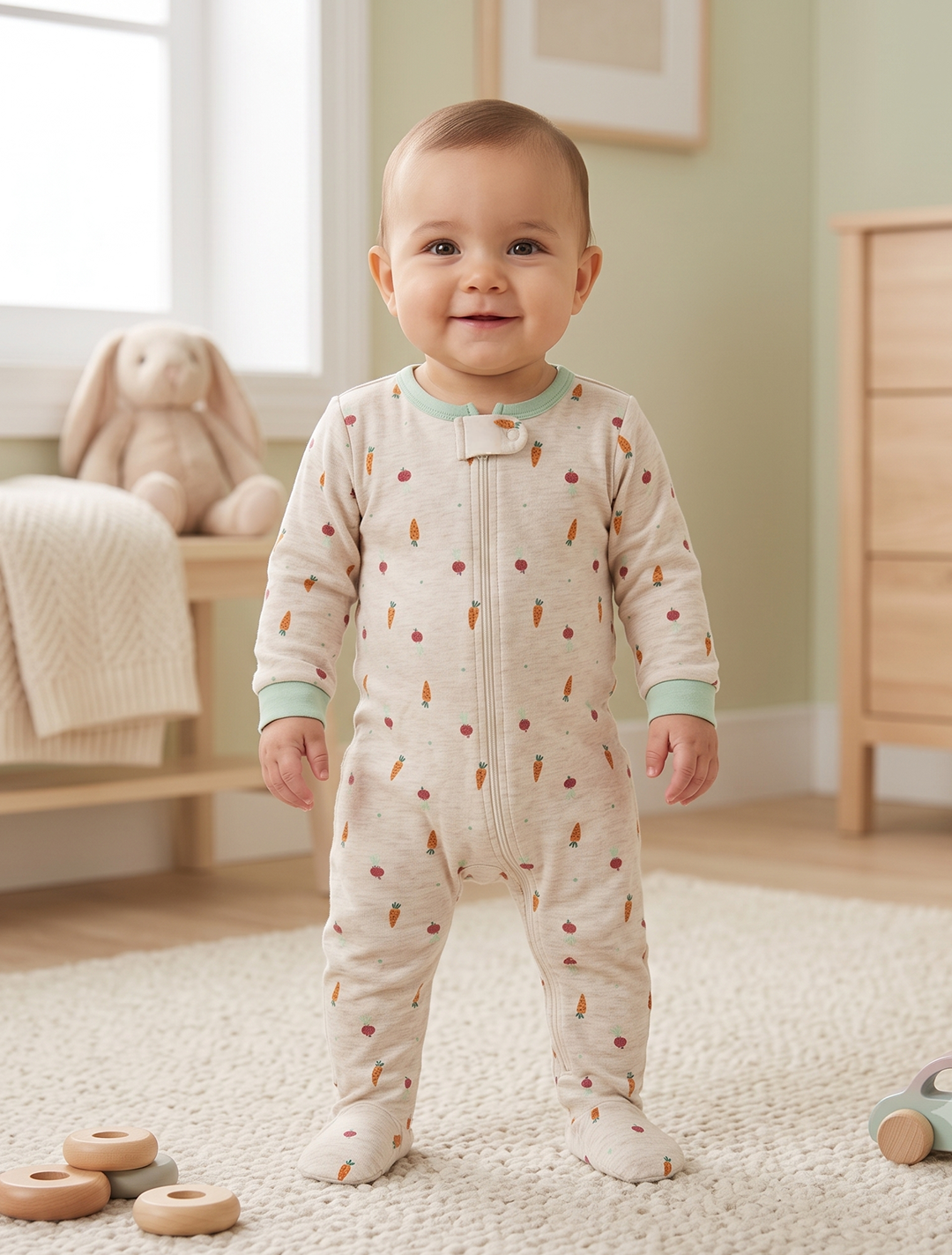 Cute printed beige zipper sleepsuit