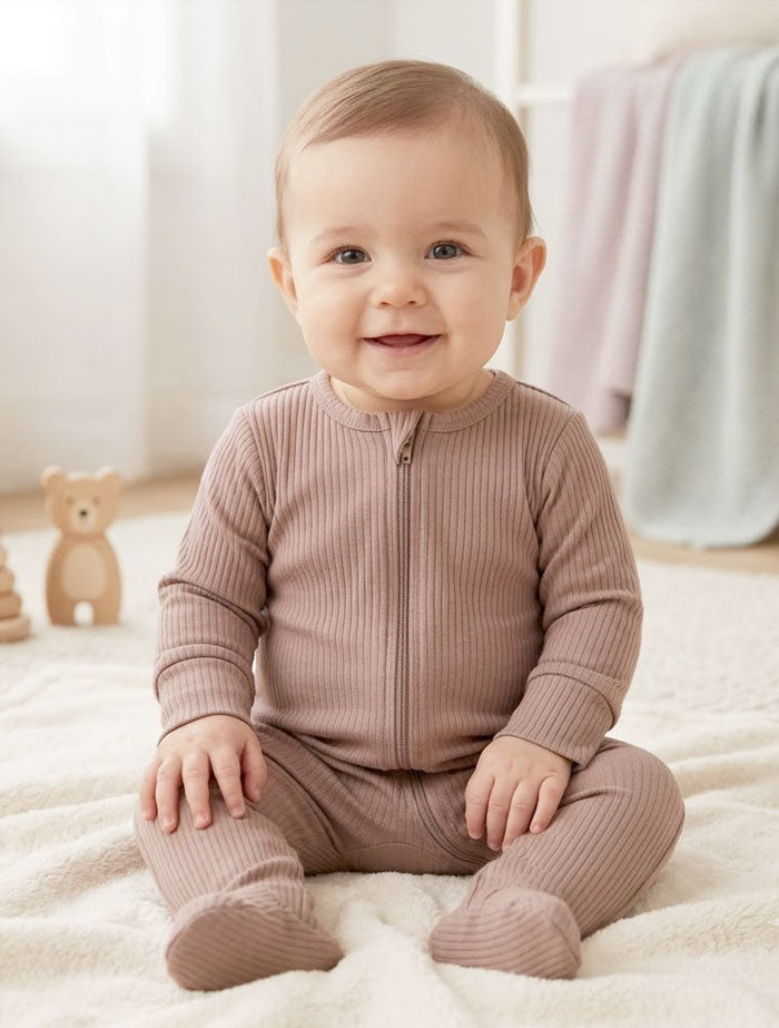 Beige zipper 2 way ribbed sleepsuit