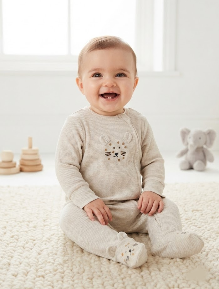 Cream lion zipper ribbed sleep suit