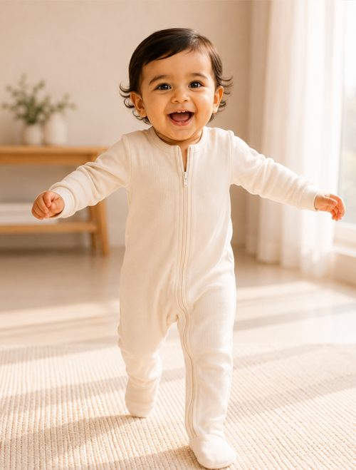 Off white ribbed zipper sleepsuit