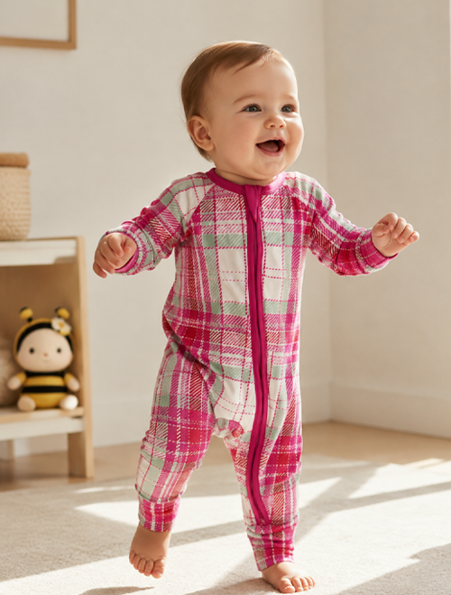Pink check viscous zipper romper