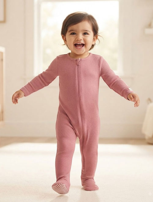 Pink ribbed zipper sleepsuit
