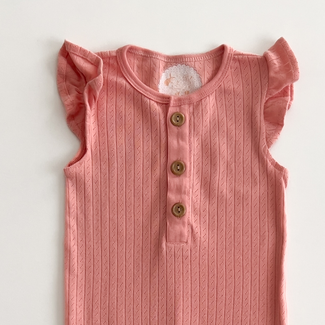 peach pointelle frill sleeve romper