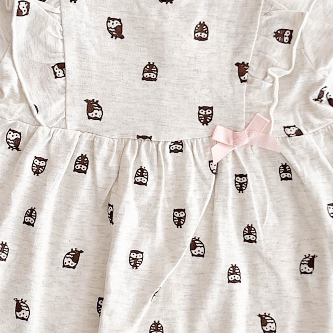 OWL PRINTED RUFFLED FROCK
