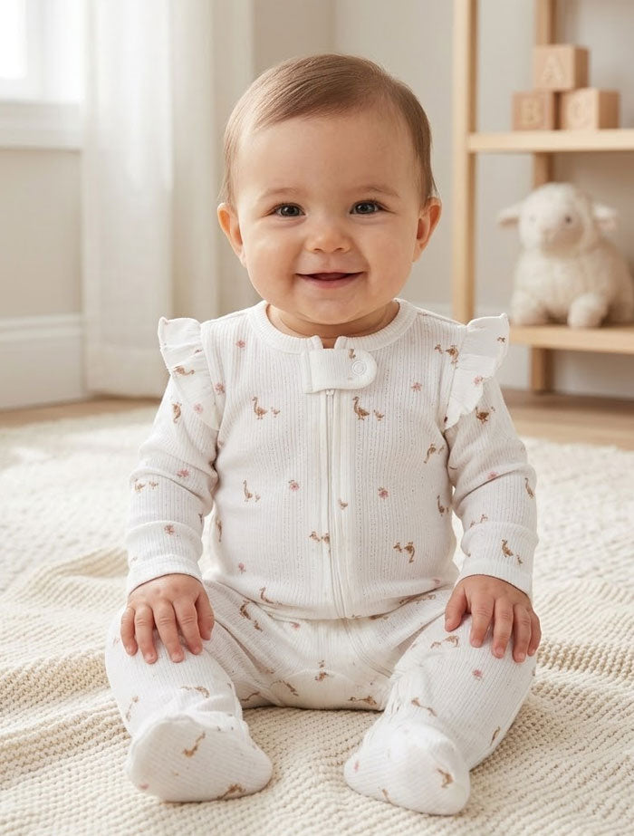 Duck floral ribbed ruffles 2 way zipper sleep suit