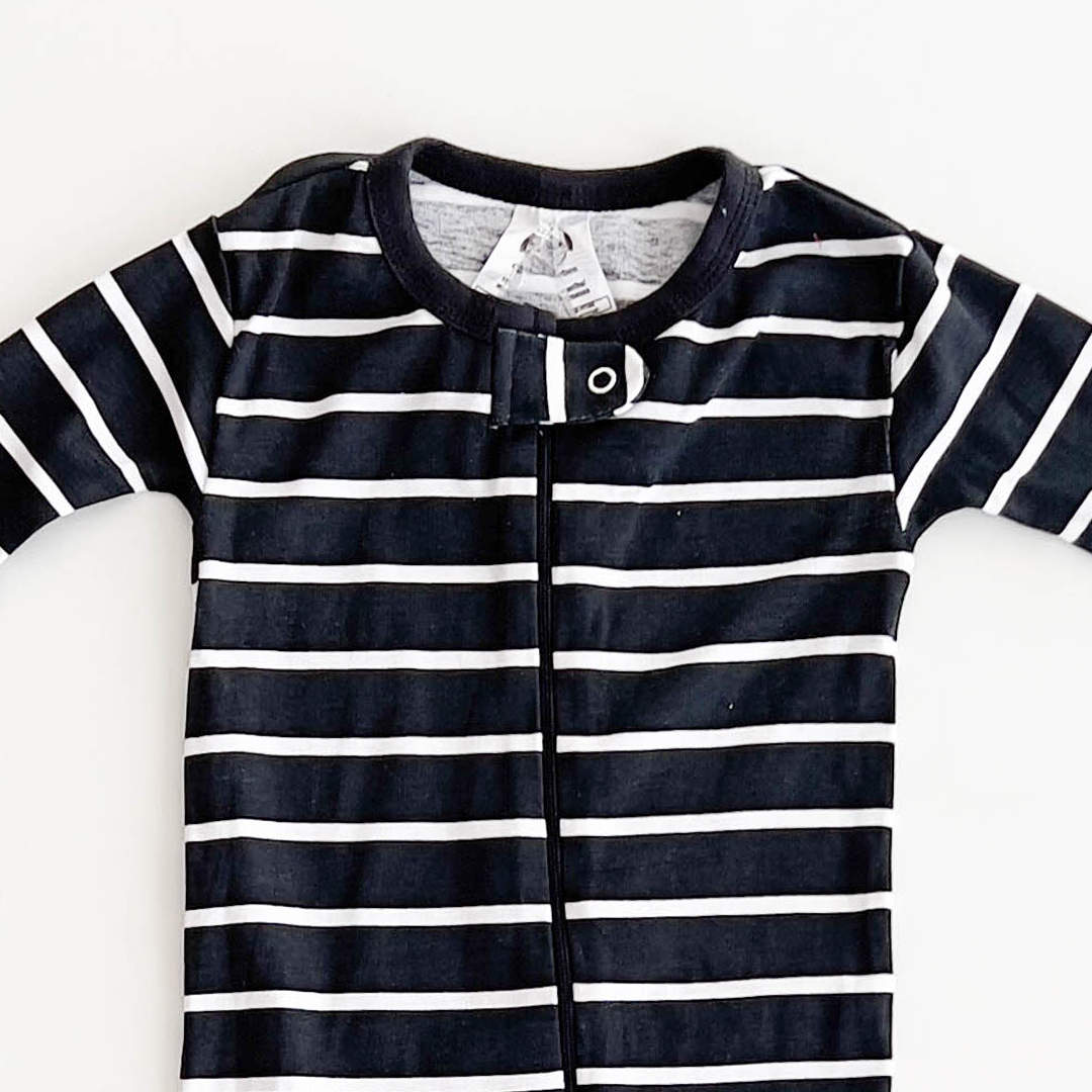 BLACK AND WHITE STRIPED SLIM FITTING SLEEPSUIT