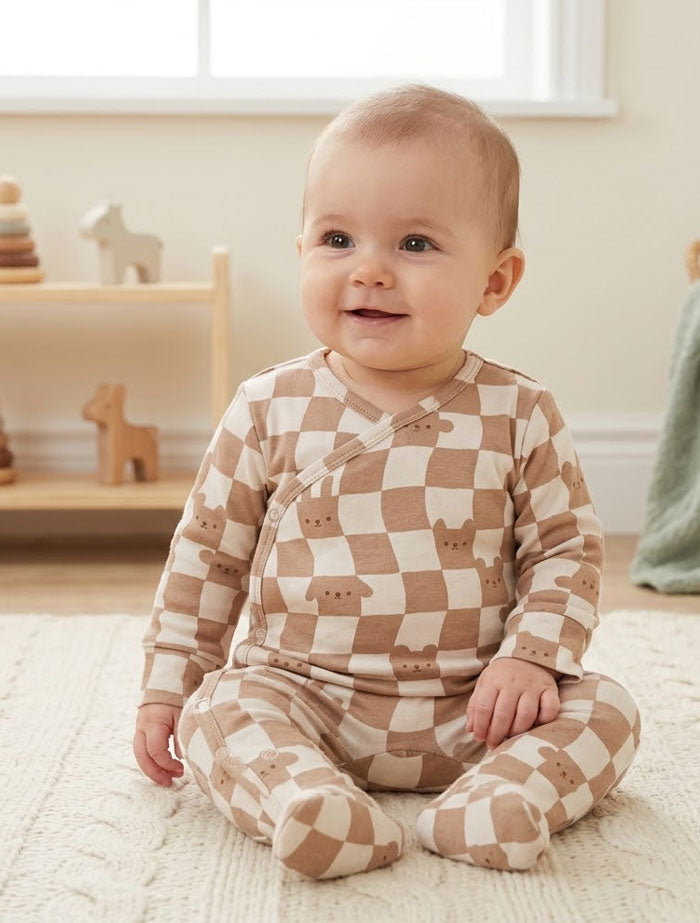 Brown beige check wrap over sleepsuit