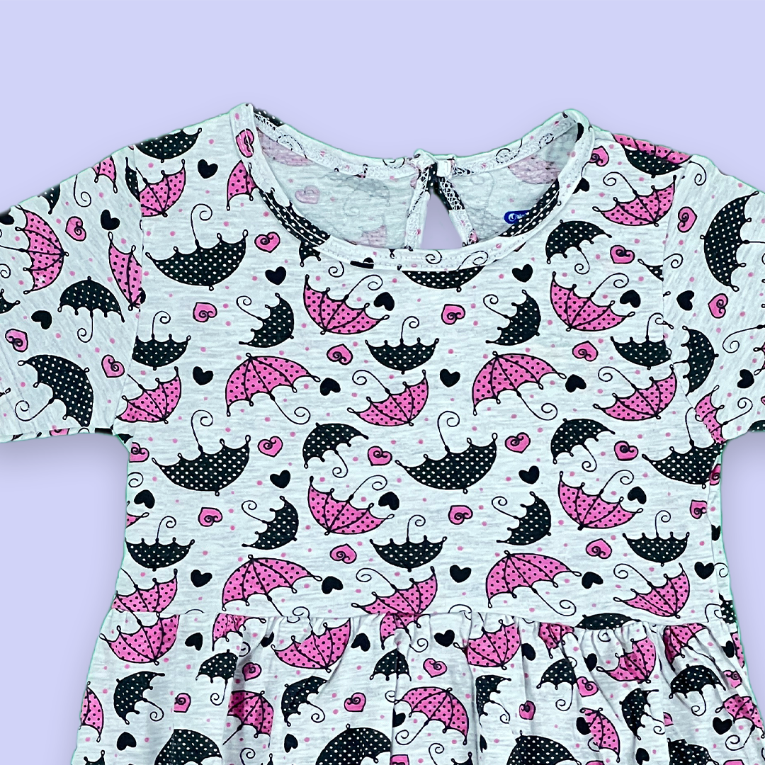 Umbrella Pattern Printed Light Gray Frock for Girls  | 5-6 Years |