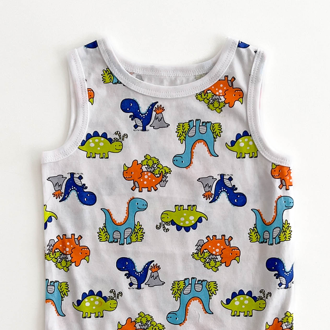 MULTICOLOURE DINO PRINTED SLEEVLESS ONESIE