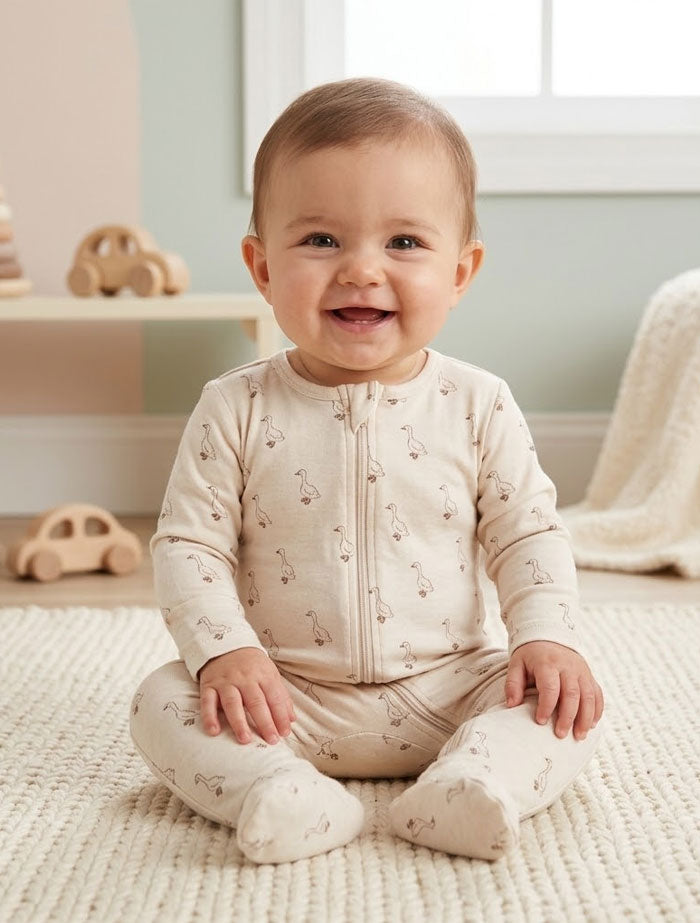 Beige duck printed 2 way zipper sleepsuit