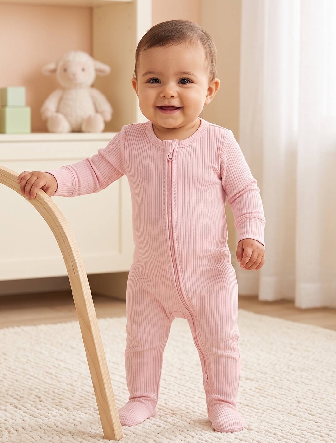 Baby pink ribbed zipper sleepsuit