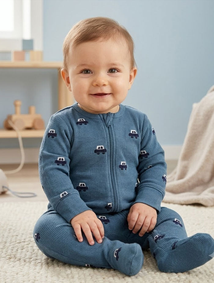 Blue knitted car 2 way zipper sleepsuit
