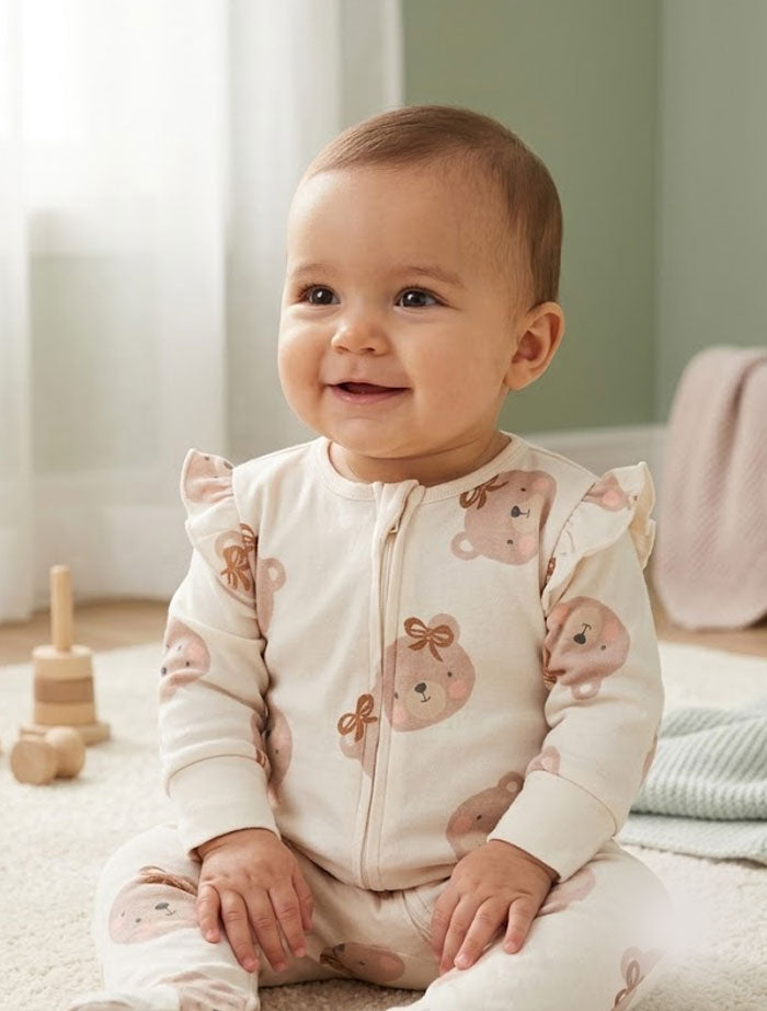Beige zipper bear sleepsuit