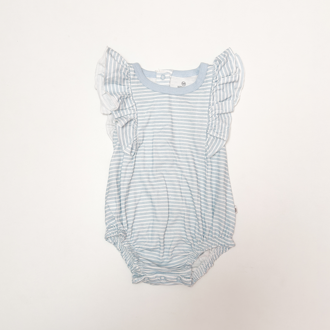 BLUE STRIPED RUFFLED FANCY ONESIE