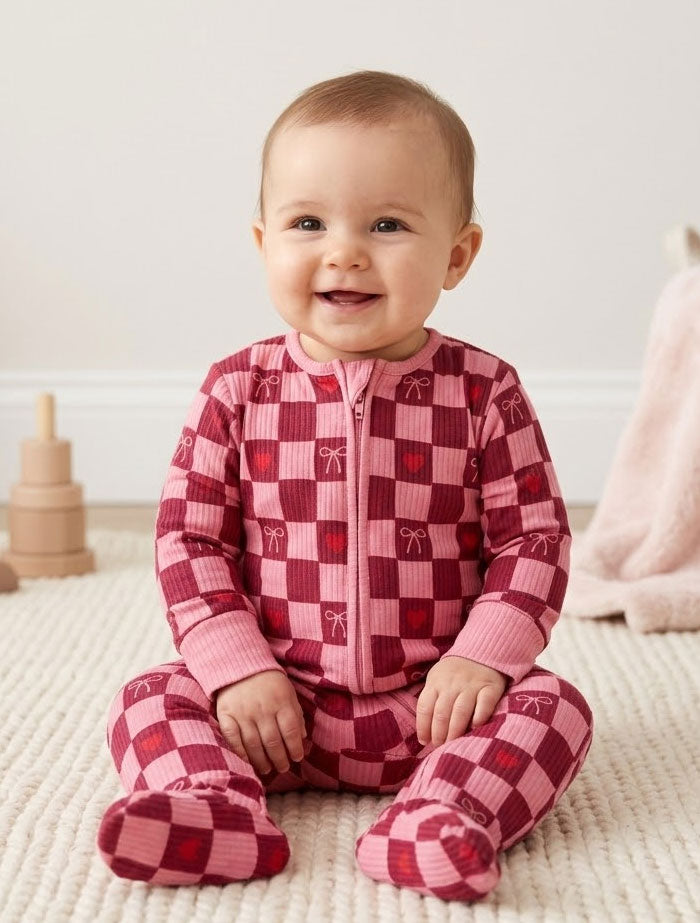 Red and pink bow ribbed zipper sleep suit