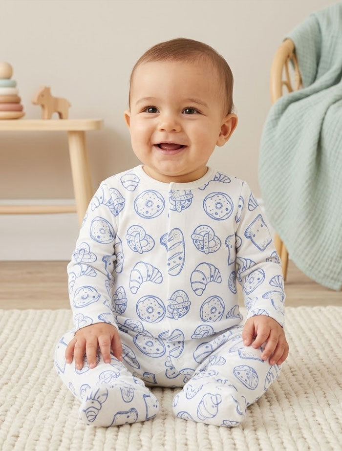 White and blue printed button sleepsuit