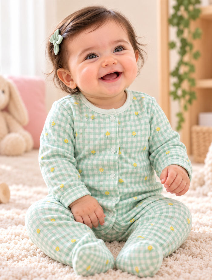 Green check floral sleep suit