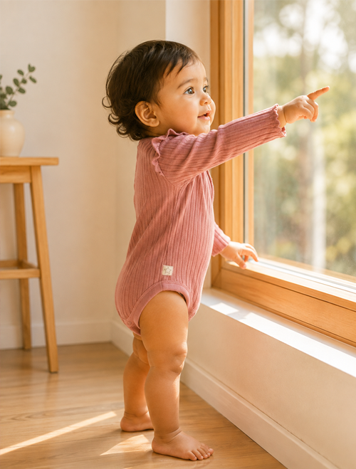 PEACH PINK RIBBED RUFFLES ONESIE