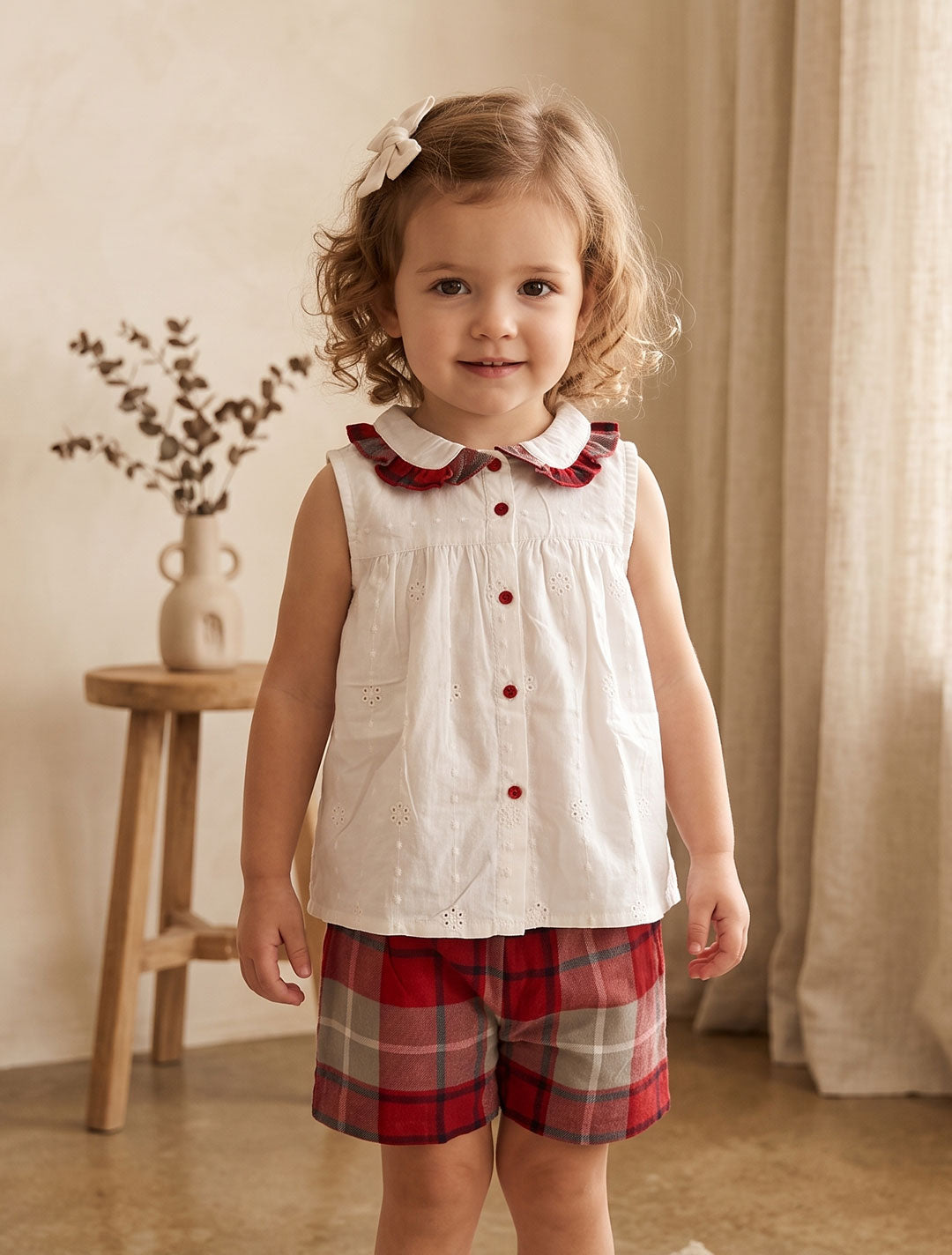 White hakkoba top and Red checkered shorts set