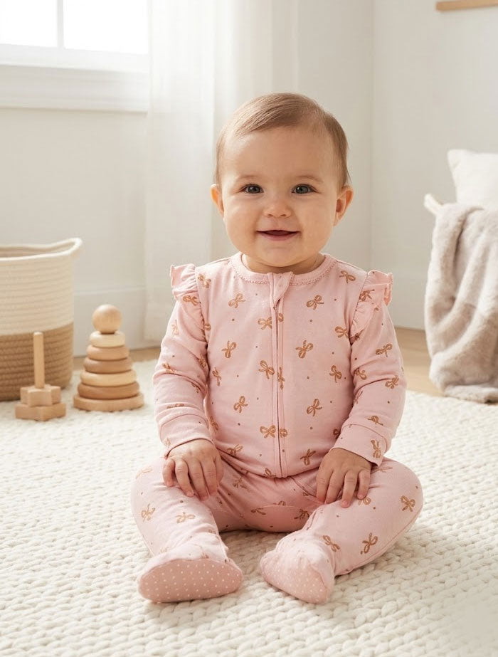 Powder pink gold ribbon zipper sleep suit