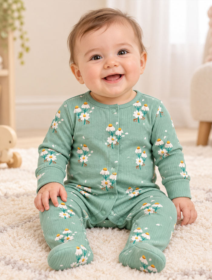Green ribbed floral sleep suit