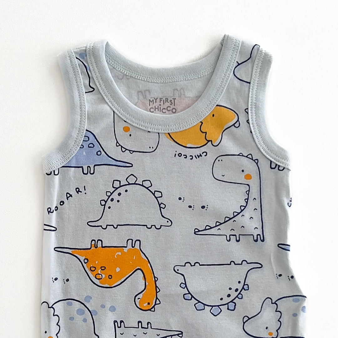 BLUE SLEEVELESS DINO PRINTED ONESIE