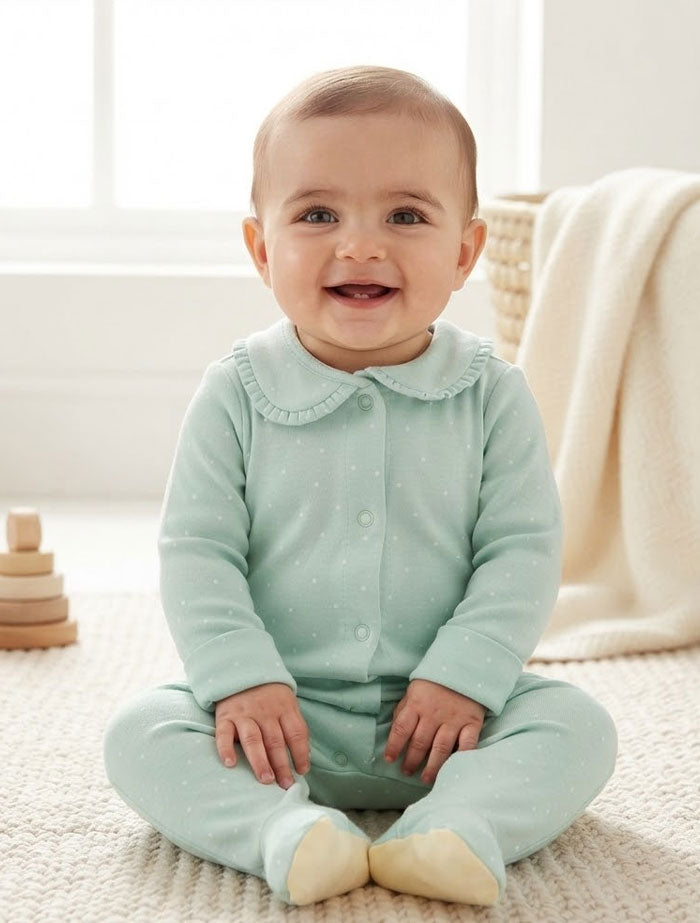 Blue polka dotted button sleep suit