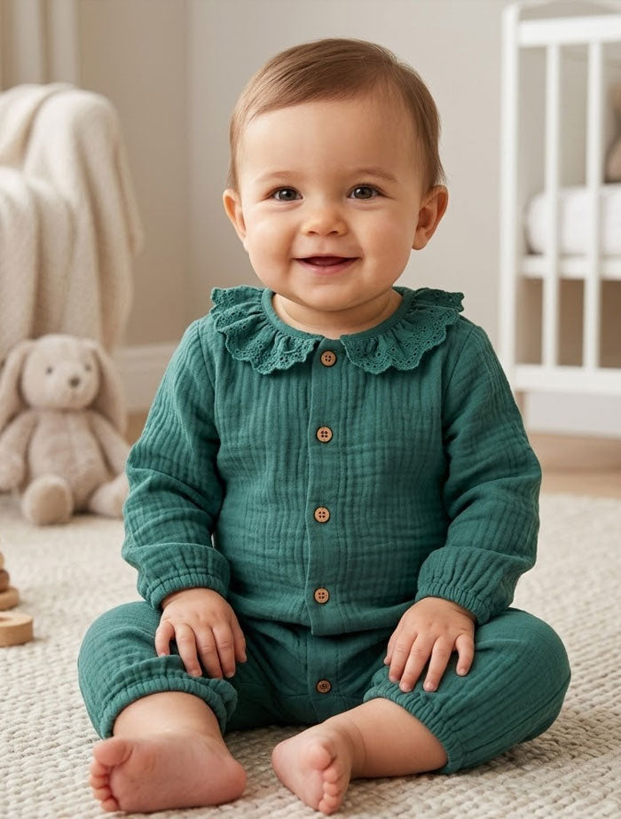 Bottle green muslin girls fancy jumpsuit