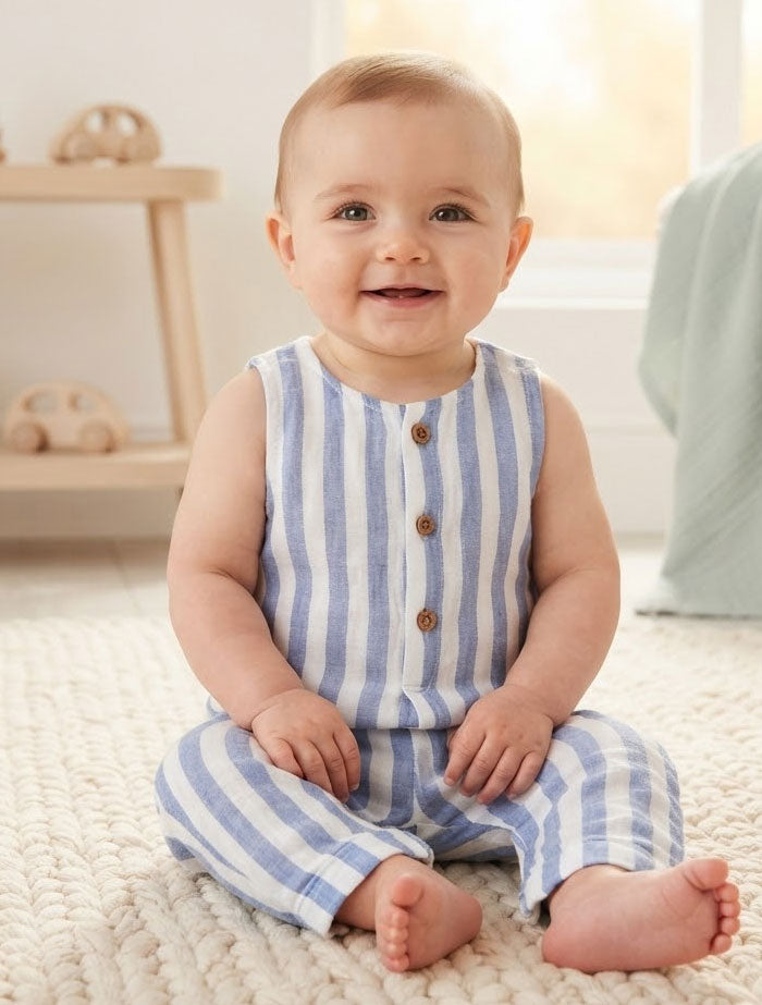 Blue and white stripes unisex muslin romper
