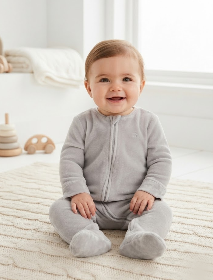 Starlight Zip Velour Sleepsuit – Soft Grey