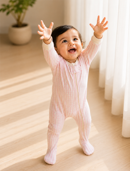 Pink and white stripes ribbed sleepsuit