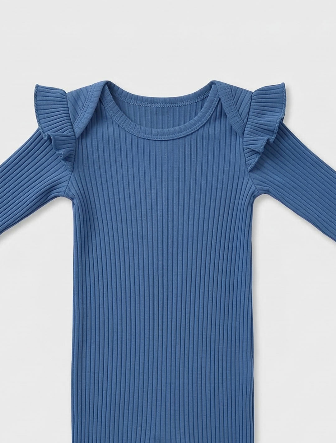 BLUE RIBBED RUFFLE ROMPER