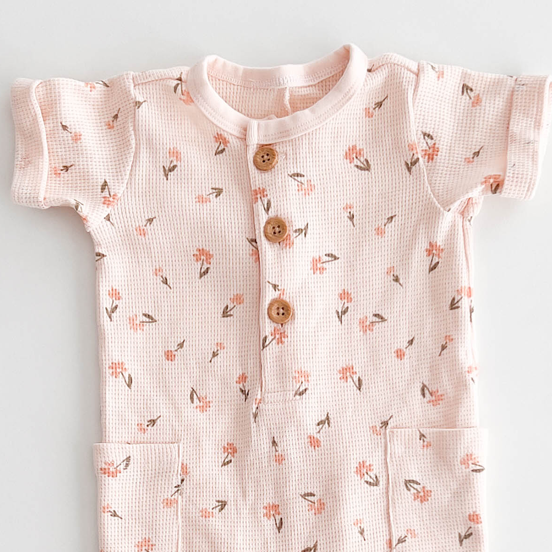 PEACH FLORAL RIBBED KNIT ROMPER