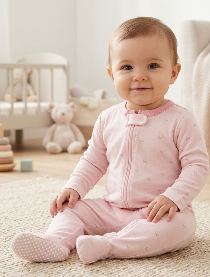 Pink ribbon printed zipper sleepsuit
