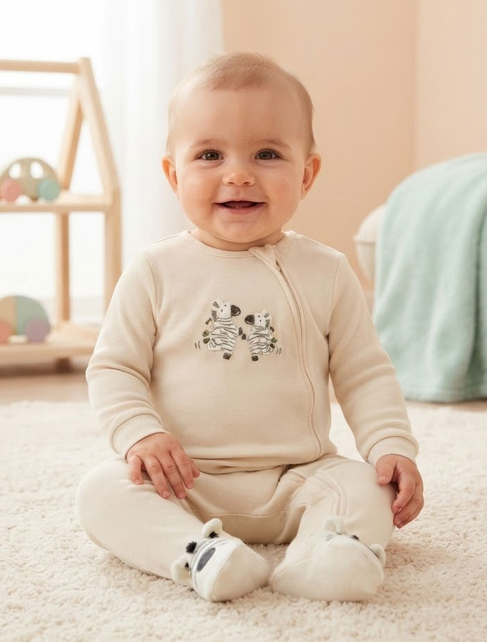 Beige zebra 2 way zipper sleep suit