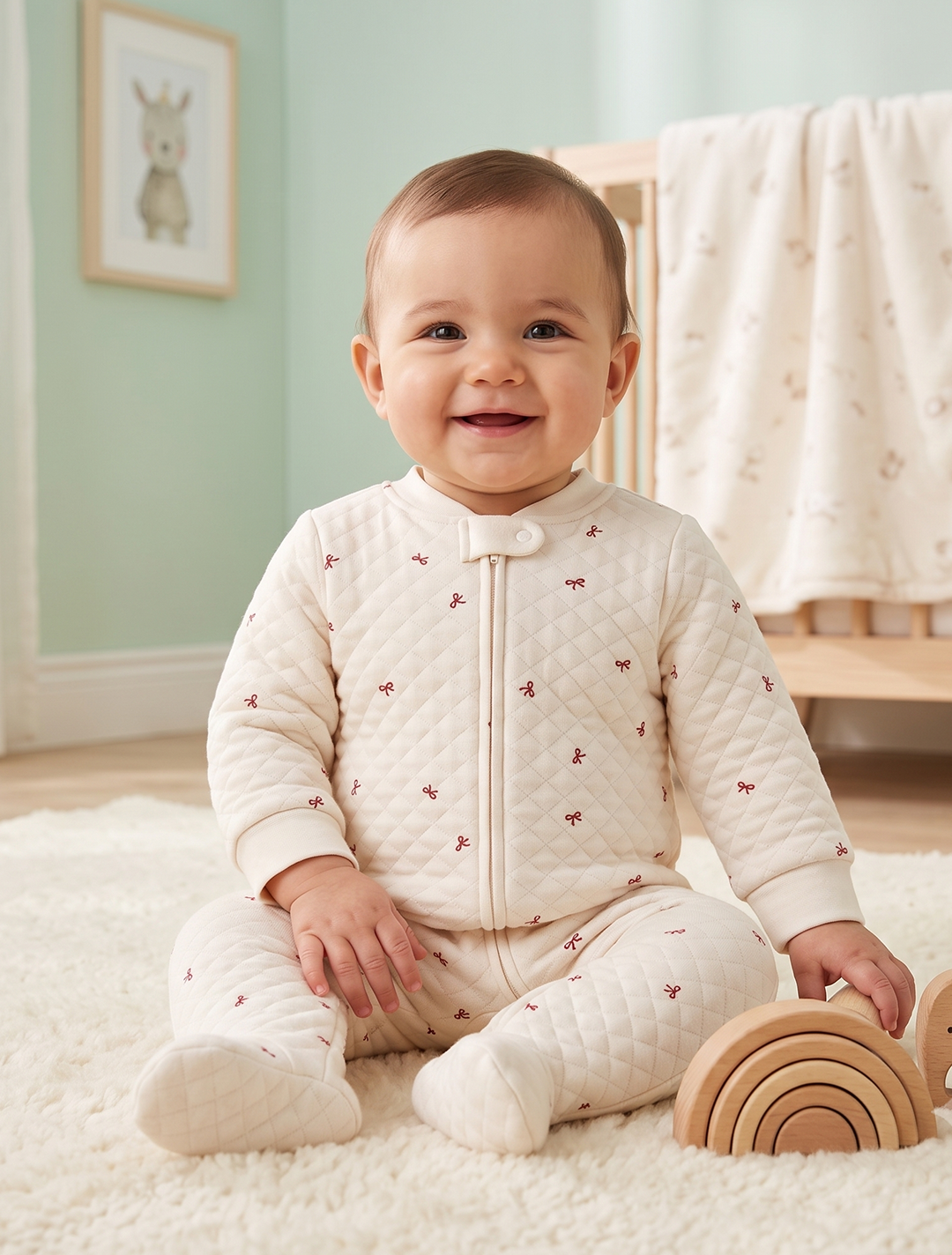 RED BOW QUILTED COTTON SLEEPSUIT