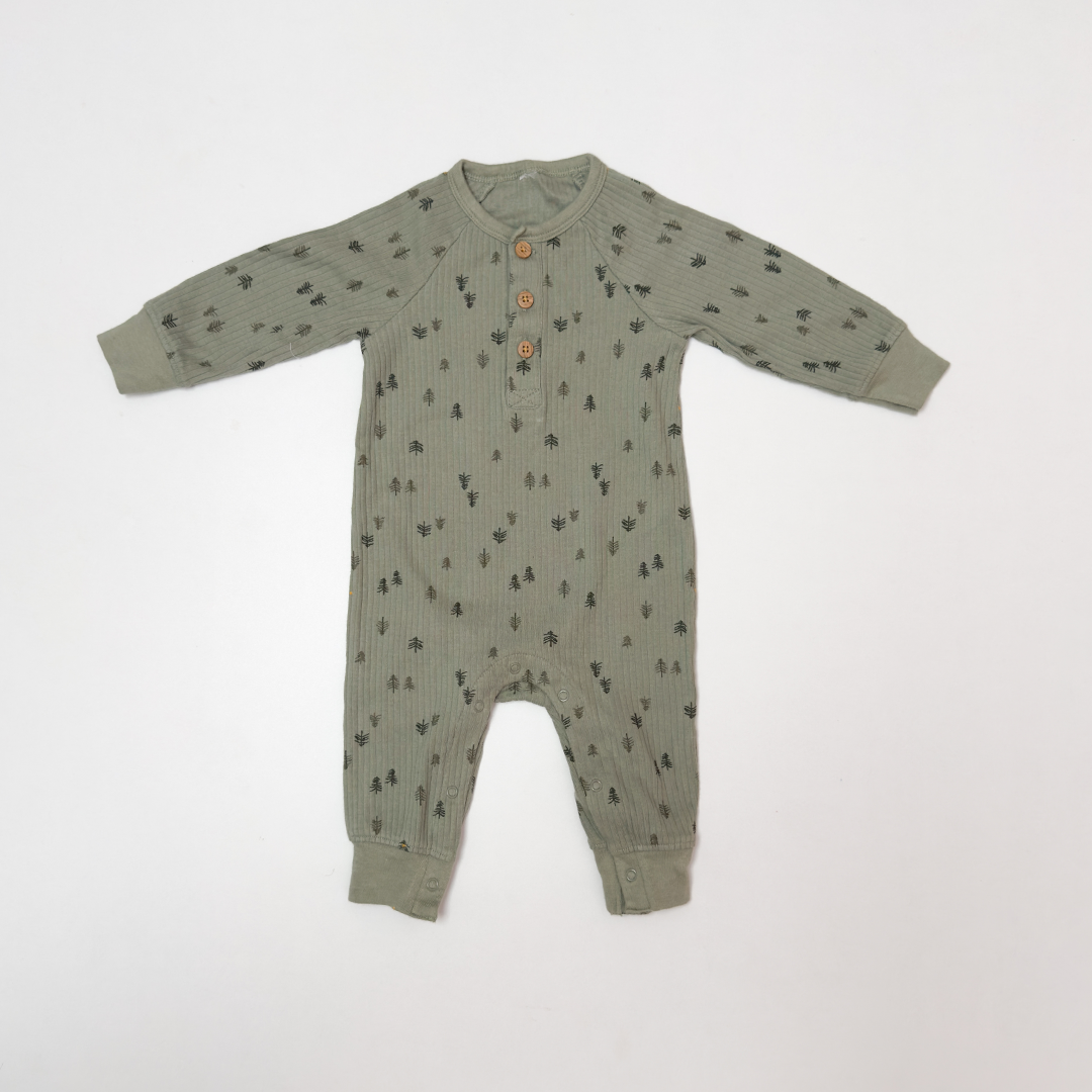 OLIVE GREEN RIBBED PRINTED ROMPER