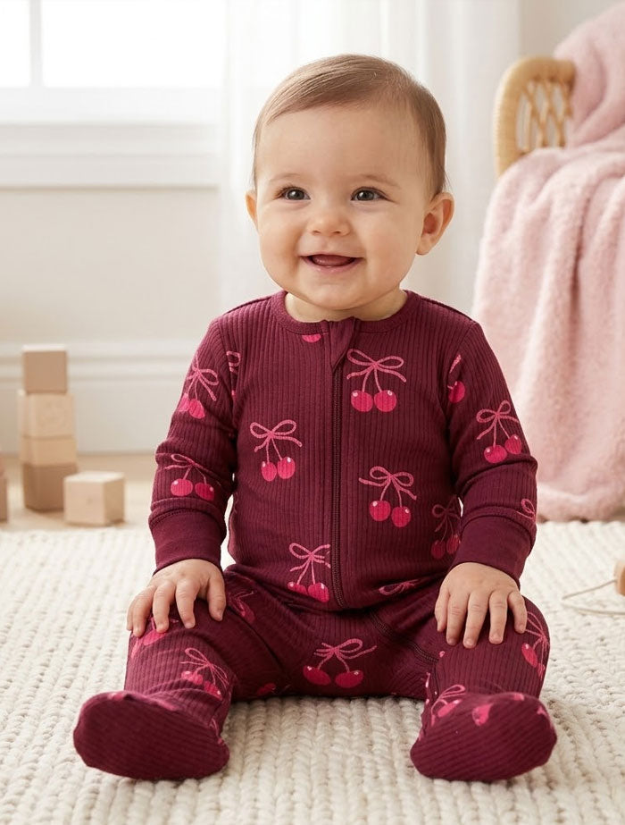 Wine red and pink cherry print unisex ribbed sleepsuit