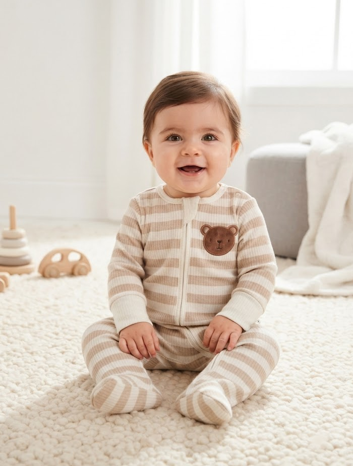 Beige stripes ribbed bear sleep suit